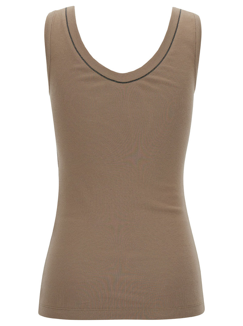 Brunello Cucinelli Brown Rib Tank Top With Monile Detail In Stretch Cotton Woman - Women