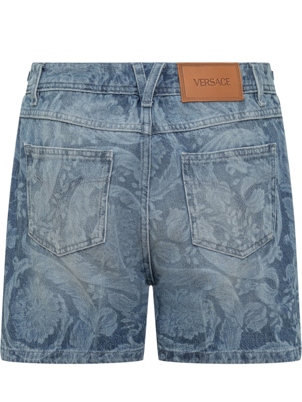 Versace Shorts In Denim With Baroque Silhouette Pattern - Women