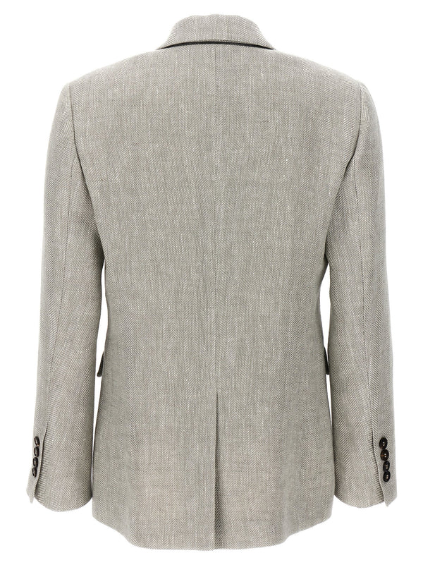 Brunello Cucinelli Chevron Linen Double-breasted Blazer - Women