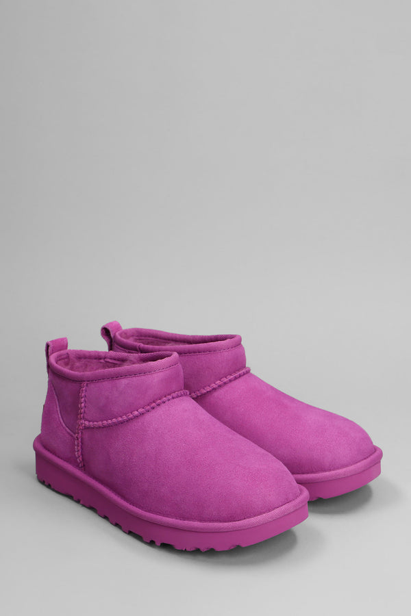 UGG Classic Ultra Mini Low Heels Ankle Boots In Fuxia Suede - Women