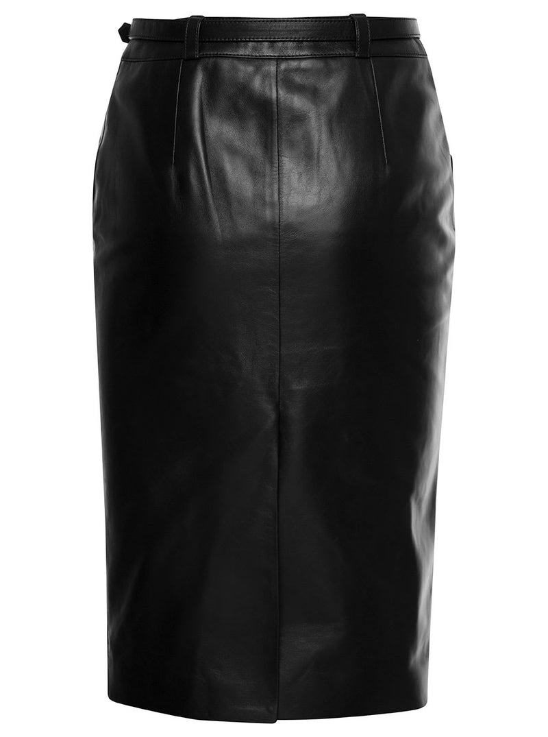 Saint Laurent Midi Black Belted Skirt In Leather Woman - Women