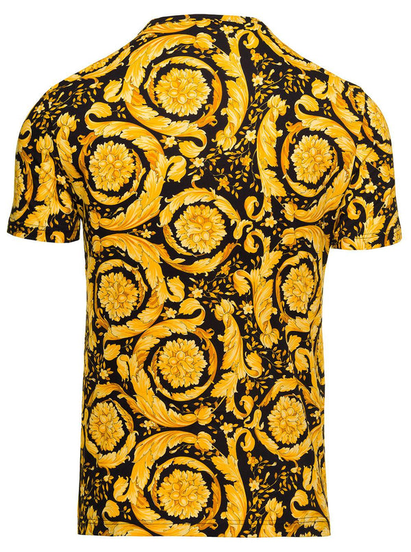 Versace Black And Yellow Crewneck T-shirt With All-over Barocco Print In Stretch Cotton Man - Men - Piano Luigi