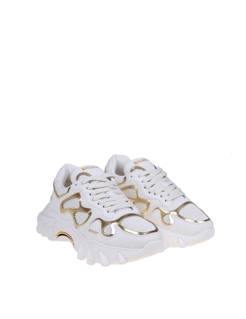 Balmain B-east Sneakers In White And Gold Suede And Leather - Women