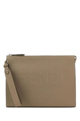 Fendi Dove Grey Leather Clutch - Men