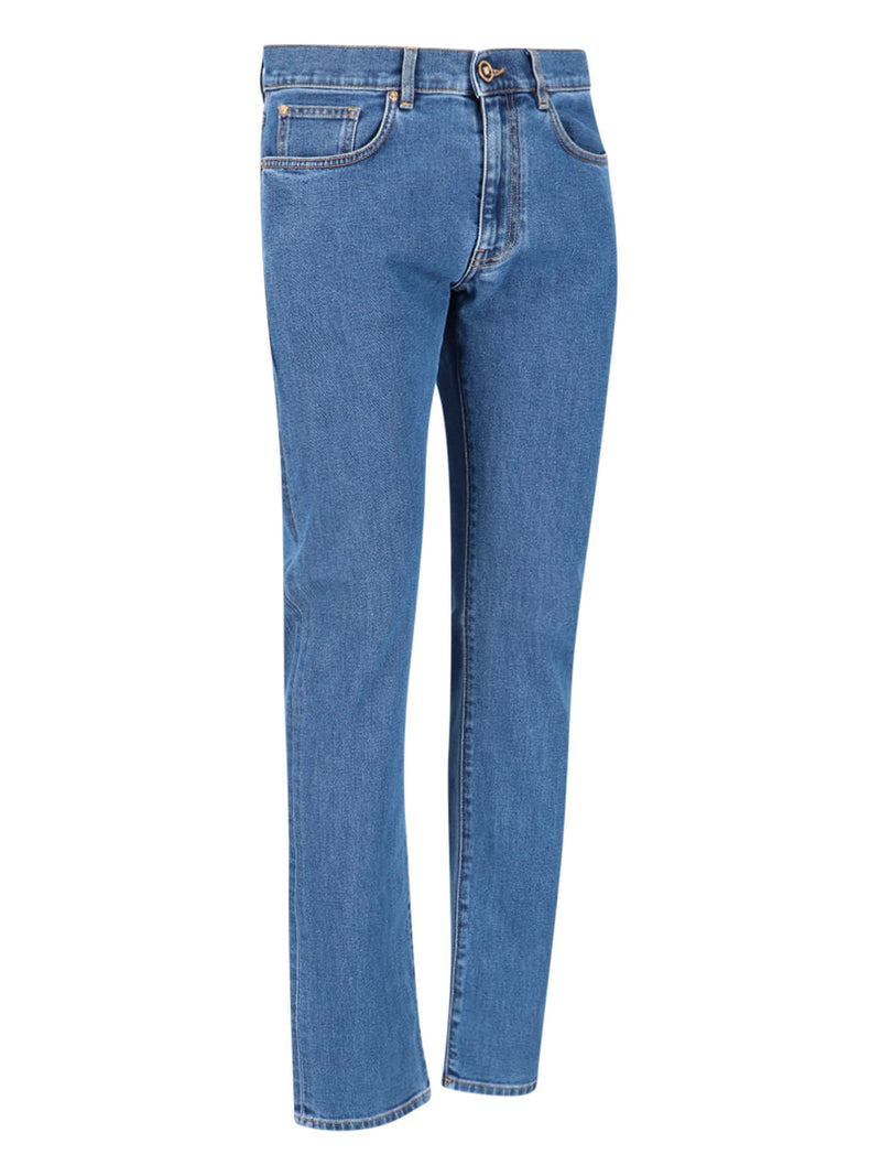 Versace Blue Fitted Jeans With Logo Embroidered And Botton In Cotton Blend Denim Woman - Men