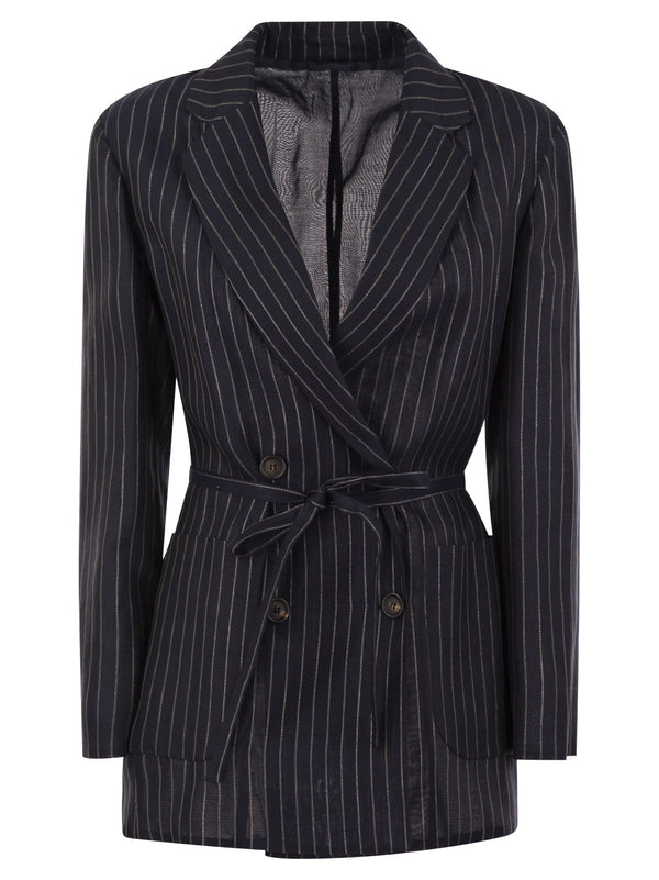 Brunello Cucinelli Sparkling Stripe Cotton Gauze Jacket With Belt And Necklace - Women