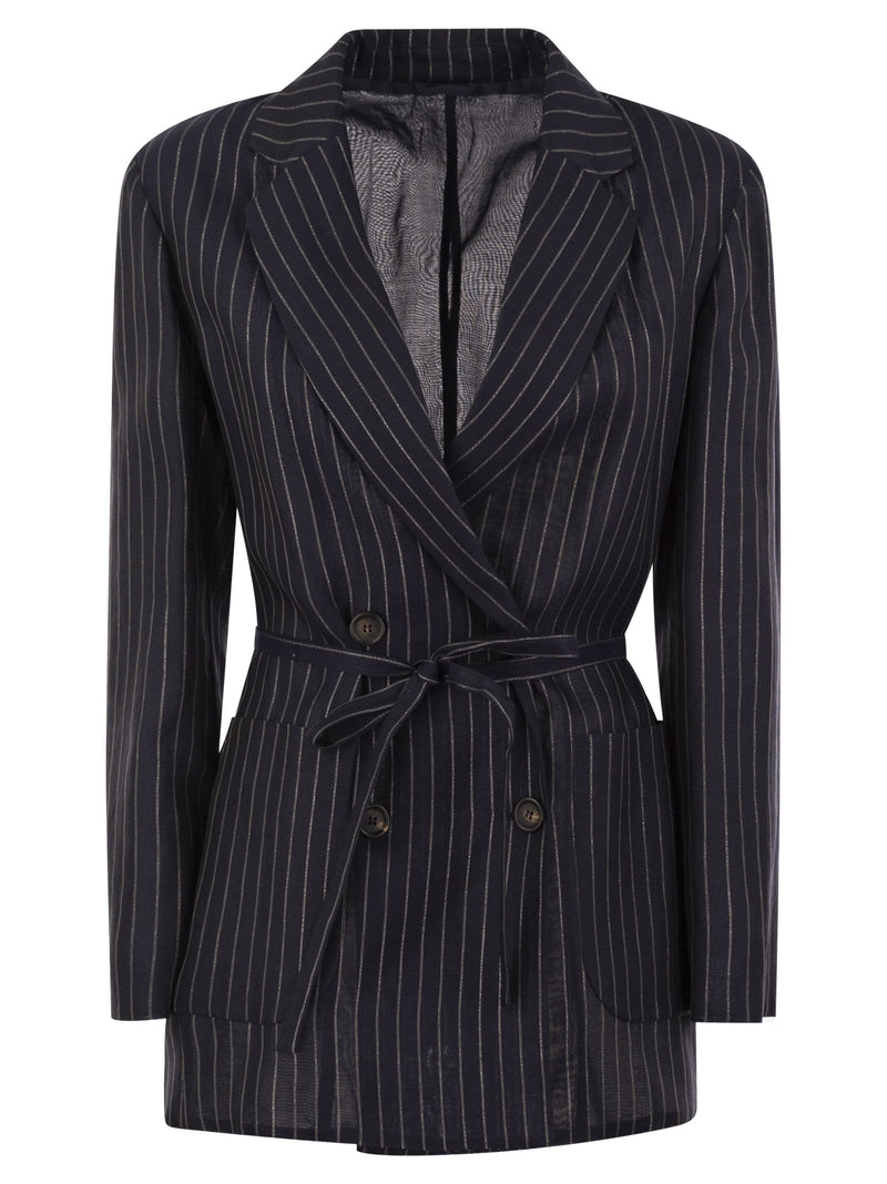 Brunello Cucinelli Sparkling Stripe Cotton Gauze Jacket With Belt And Necklace - Women