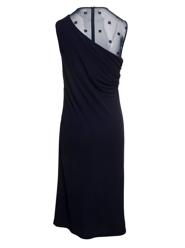 Givenchy Midi Blue Sleeveless Draped Dress With 4g Plumentis Trasparent Tulle In Viscose Woman - Women