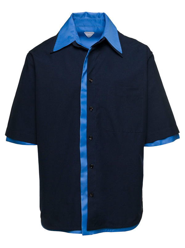 Bottega Veneta Light Blue And Blue Double Layer Shirt With Short Sleeves In Cotton Man - Men