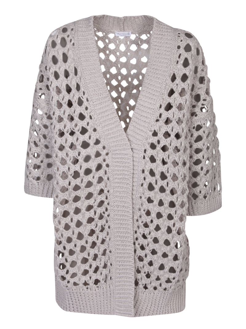 Brunello Cucinelli Openwork Knit Beige Cardigan - Women