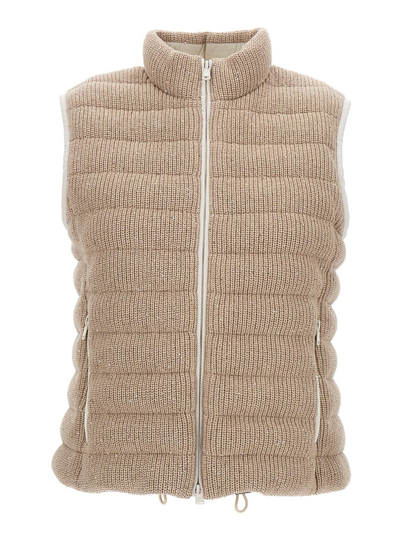 Brunello Cucinelli Beige Sequined Padded Gilet In Cotton Blend Woman - Women