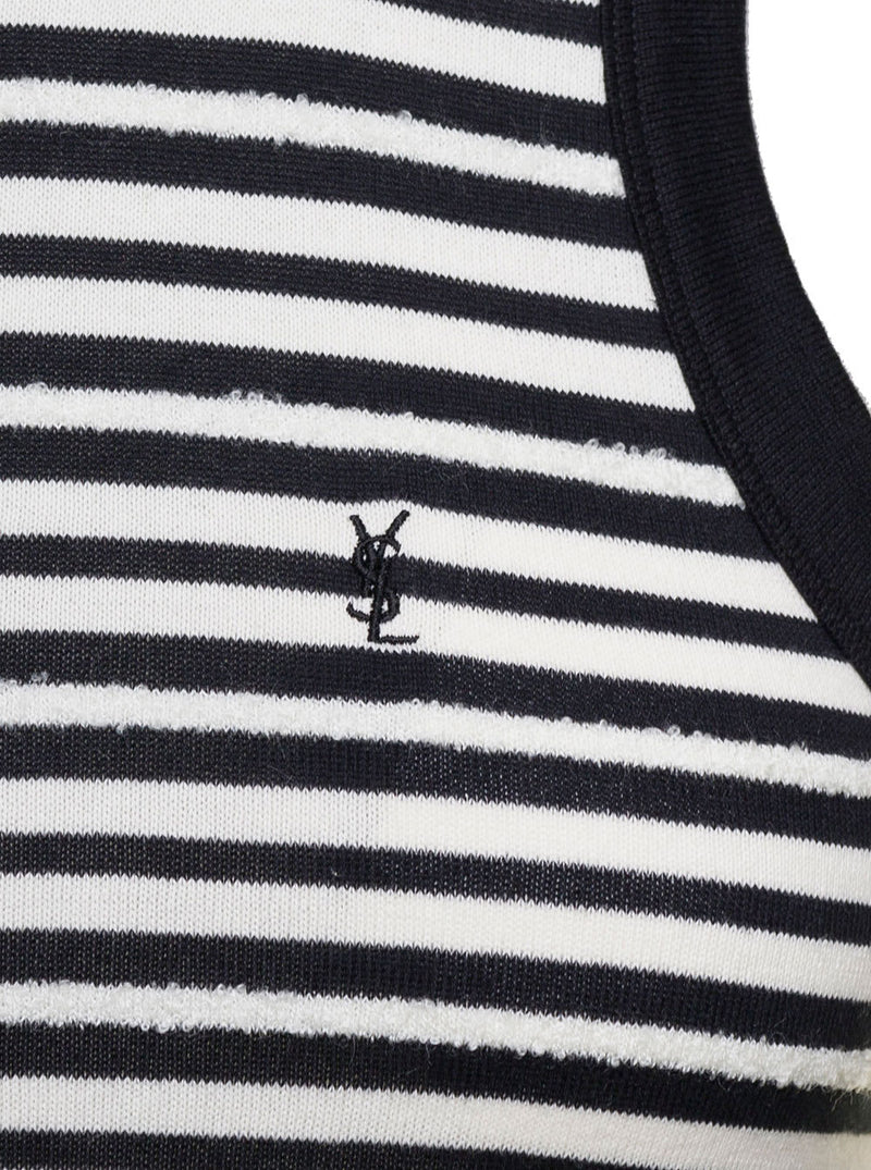 Saint Laurent Striped Cassandre Tank Top With Embroidered Logo In Black And White Cotton Woman - Women