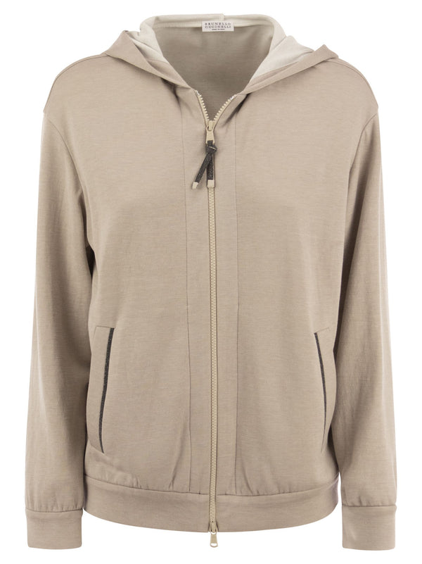 Brunello Cucinelli Cotton And Silk Sweatshirt With Hood And Monili On The Zip - Women