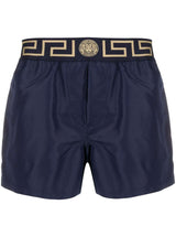 Versace Blue Swim Trunks With Greca And Medusa Head Print On Elastic Waistband In Nylon Man - Men