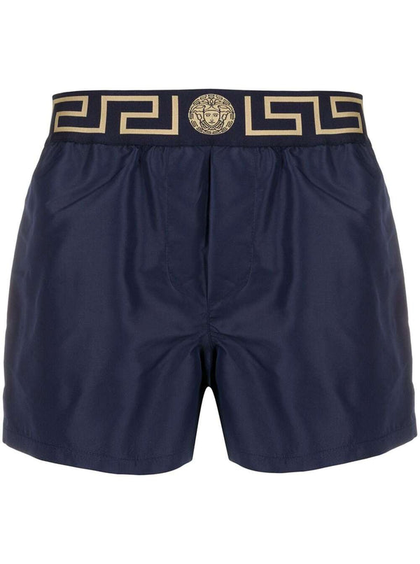 Versace Blue Swim Trunks With Greca And Medusa Head Print On Elastic Waistband In Nylon Man - Men