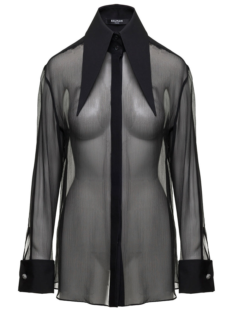 Balmain Black Shirt With Oversized Pointed Collar In Silk Woman - Women