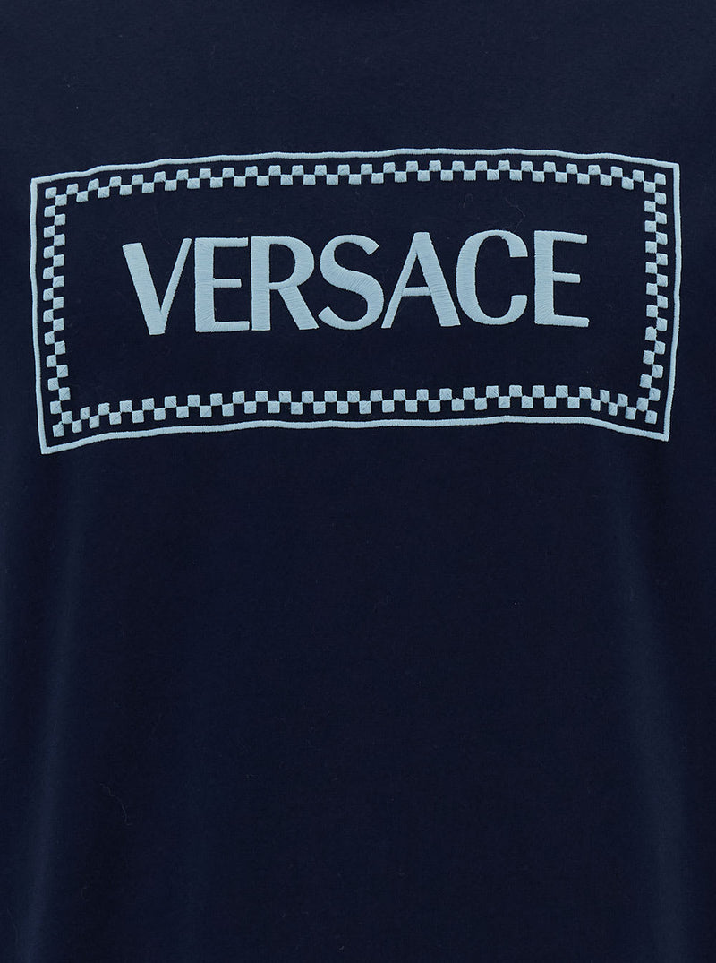 Versace Blue Crewneck T-shirt With 90s Logo Print In Cotton Man - Men