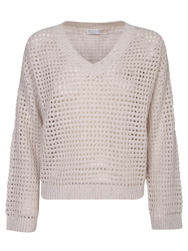 Brunello Cucinelli V-neck Beige Sweater - Women