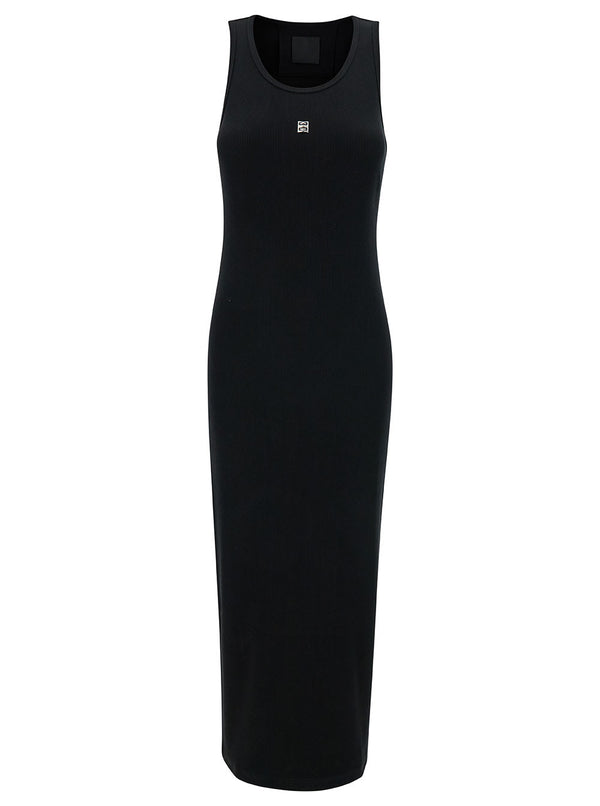 Givenchy Long Black Ribbed Dress With 4g Embroidery In Stretch Cotton Woman - Women