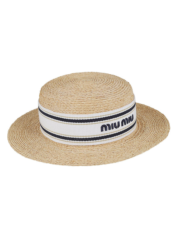 Miu Miu Stripe Logo Embroidered Woven Hat - Women
