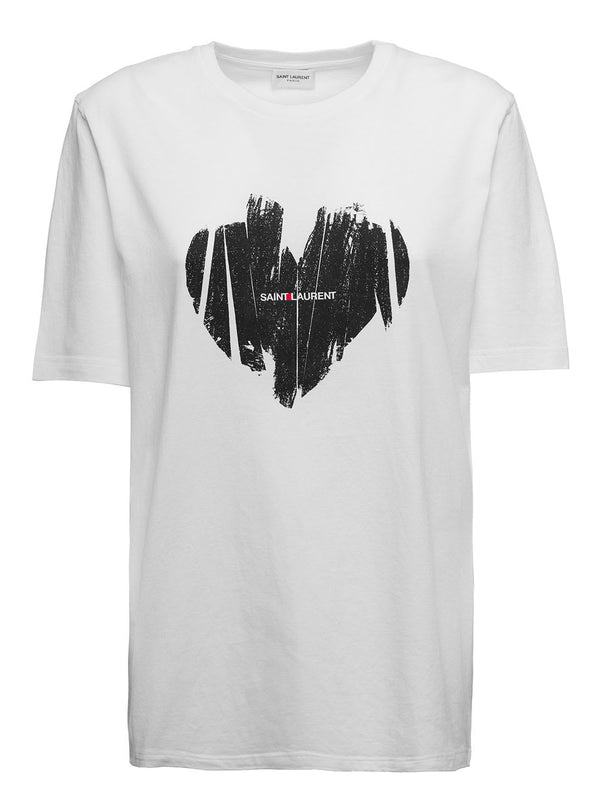 Saint Laurent Womans White Cotton T-shirt With Heart Print - Women