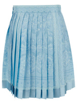 Versace Mini Light Blue Pleated Skirt With Tonal Barocco Print In Silk Woman - Women