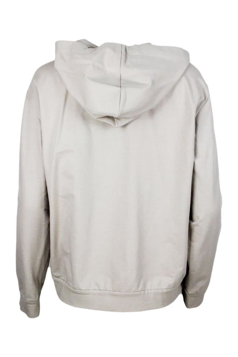 Brunello Cucinelli Stretch Cotton Sweatshirt With Hood And Jewel On The Zip Puller - Women