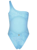 Versace Asymmetric barocco One-piece Swimsuit In Light Blue Polyester Blend - Women