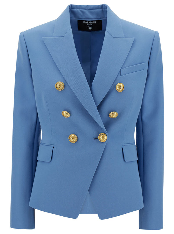 Balmain Blue Double-breasted Jacket With Jewel Buttons In Wool Woman - Women