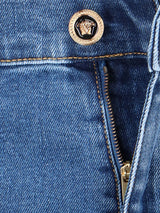 Versace Blue Fitted Jeans With Logo Embroidered And Botton In Cotton Blend Denim Woman - Men