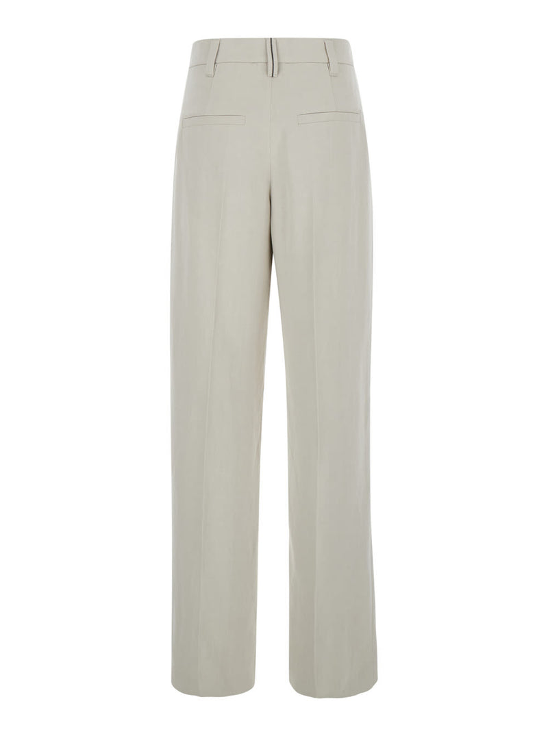 Brunello Cucinelli White Monili Embellished Trousers In Linen Blend Woman - Women