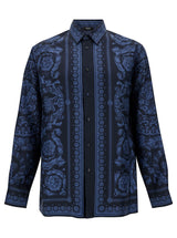 Versace Black And Blue Shirt With All-over Barocco Print In Silk Man - Men