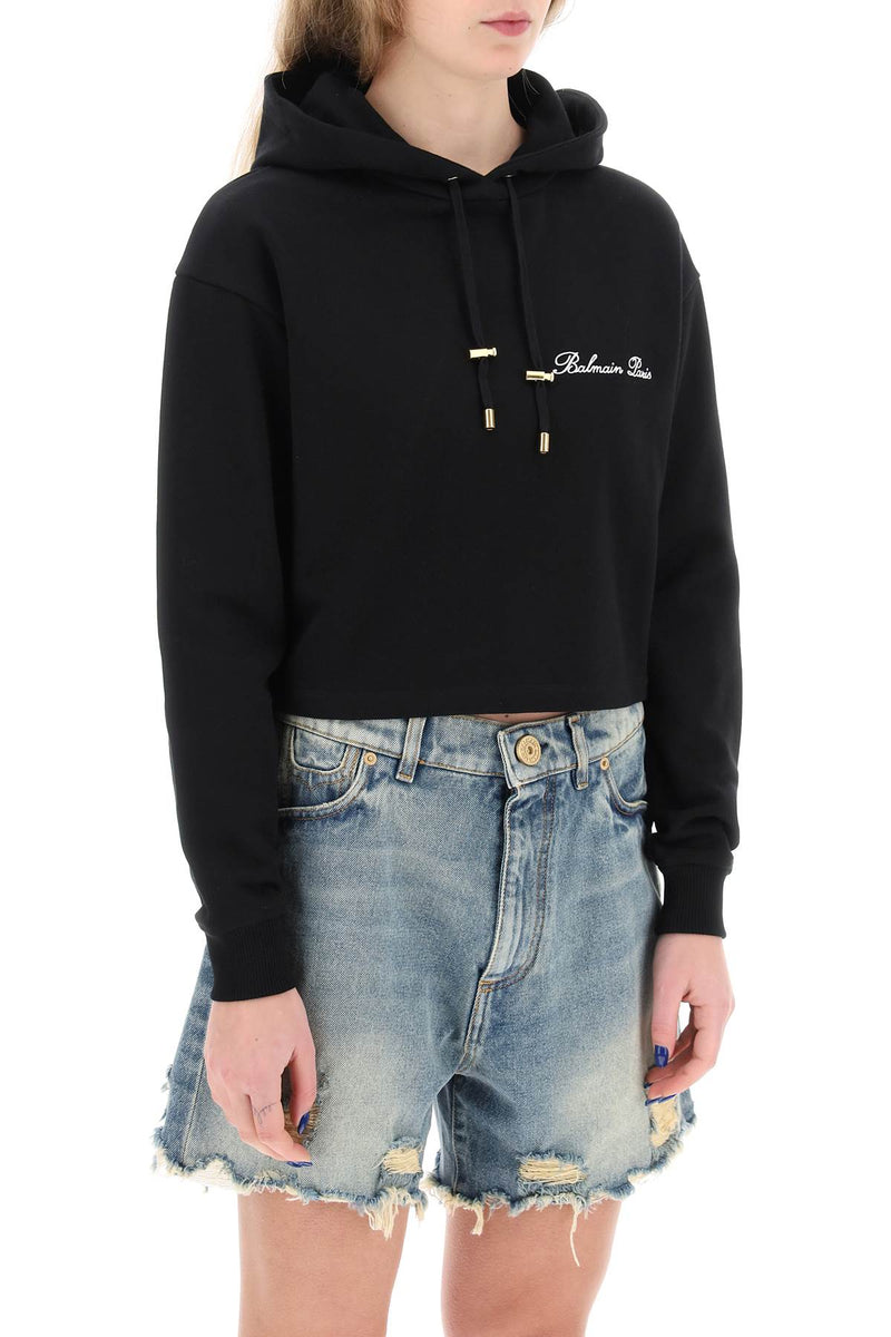 Balmain Cropped Hoodie With Logo Embroidery - Women