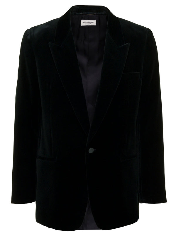 Saint Laurent Dark Green Single-breasted Jacket With Single Button In Velvet Man - Men