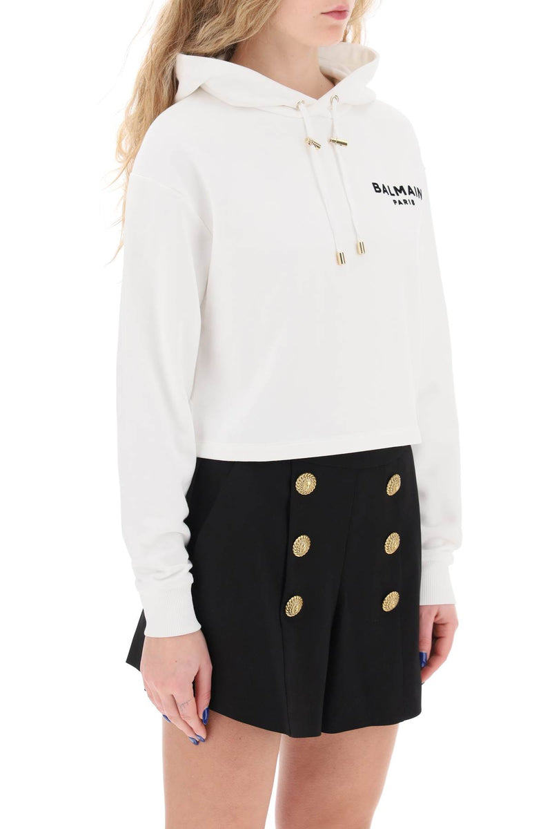 Balmain Cropped Hoodie With Flocked Logo - Women