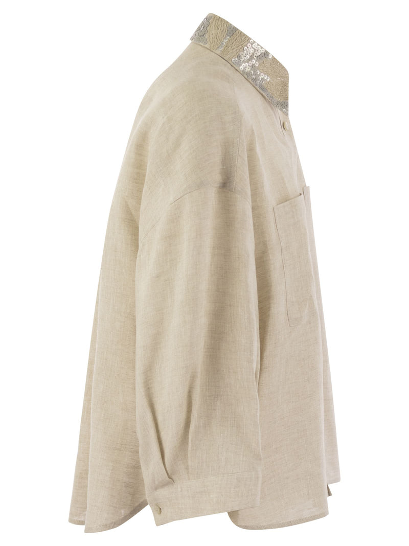 Brunello Cucinelli Linen Linen Shirt With Dazzling Magnolia Collar - Women