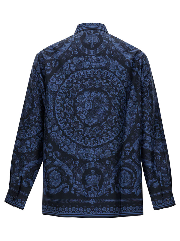 Versace Black And Blue Shirt With All-over Barocco Print In Silk Man - Men