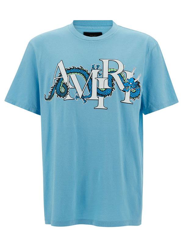 AMIRI Light Blue T-shirt With Dragon Logo Print In Cotton Man - Men