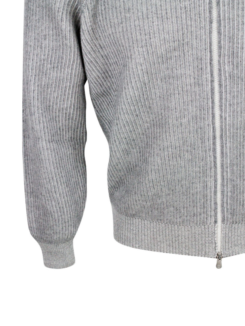 Brunello Cucinelli Zipped Cardigan Sweater With High Vanisé Collar In Pure And Fine Cashmere - Men