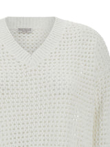 Brunello Cucinelli White Pullover With V Neckline In Open-work Knit Woman - Women