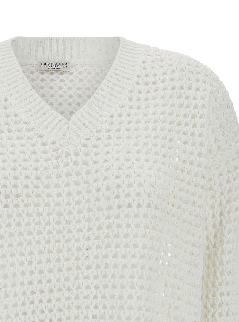 Brunello Cucinelli White Pullover With V Neckline In Open-work Knit Woman - Women