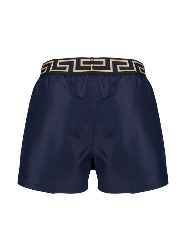 Versace Blue Swim Trunks With Greca And Medusa Head Print On Elastic Waistband In Nylon Man - Men