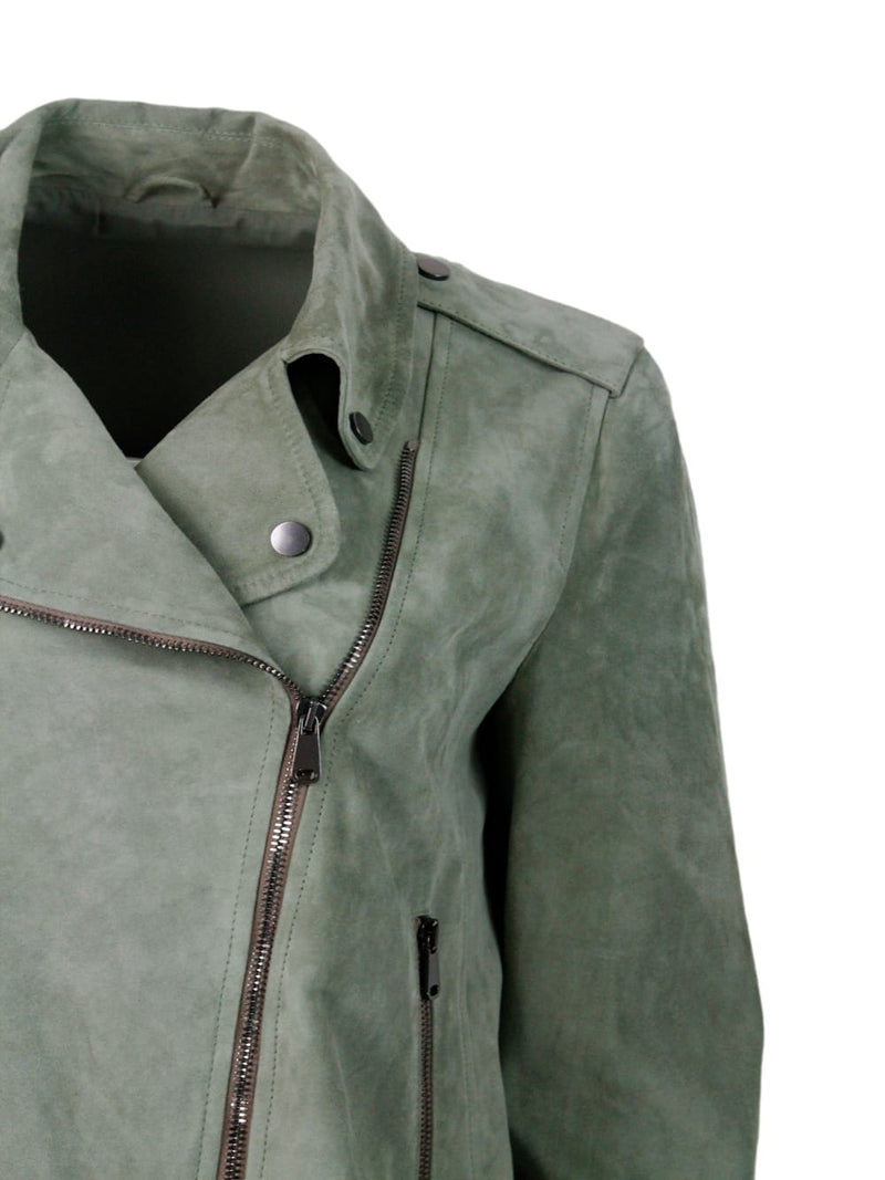 Brunello Cucinelli Biker Jacket In Precious And Soft Suede With Rows Of Brilliant Monili Behind The Neck - Women