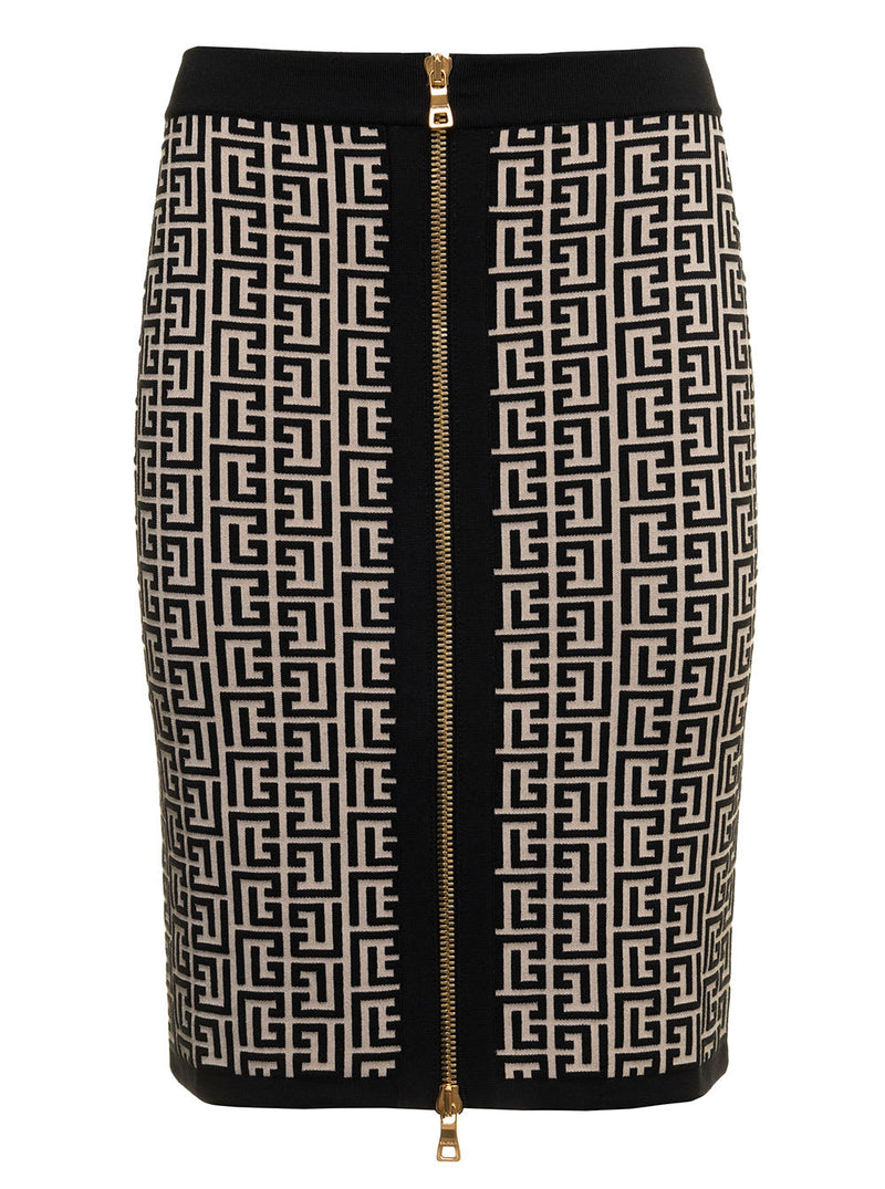 Balmain Womans Monogram Wool Pencil Skirt With Zip - Women