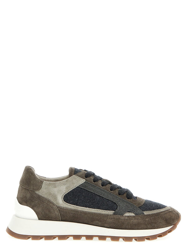 Brunello Cucinelli Runners In Suede And Virgin Wool Flannel With Precious Contour - Women