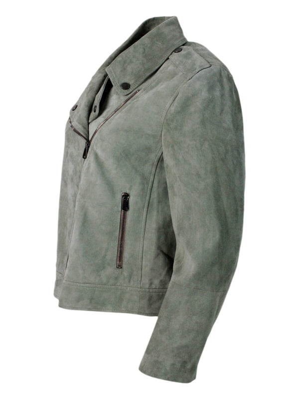 Brunello Cucinelli Biker Jacket In Precious And Soft Suede With Rows Of Brilliant Monili Behind The Neck - Women