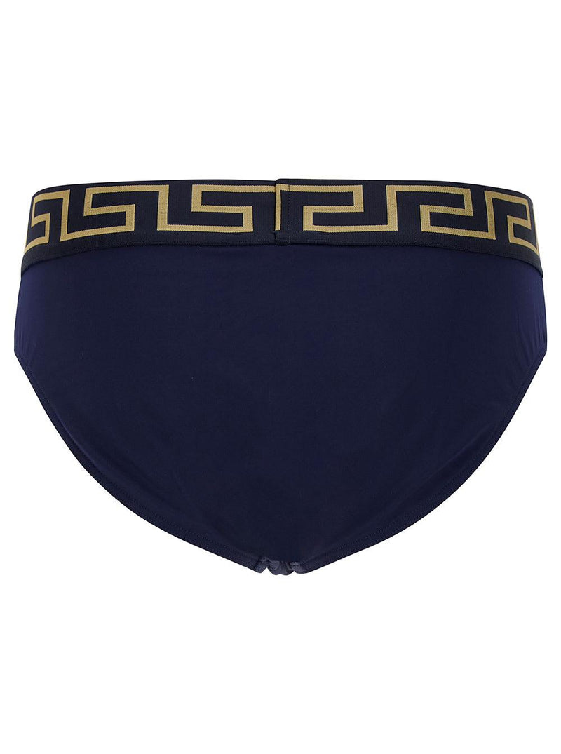 Versace Dark Blue Swim Briefs With Medusa Head And Greca Motif In Polyamide Stretch Man - Men - Piano Luigi