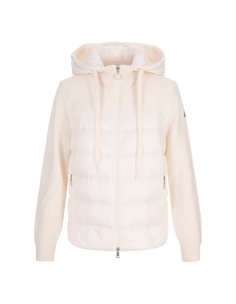 Moncler White Tricot Cardigan With Zip And Hood - Women