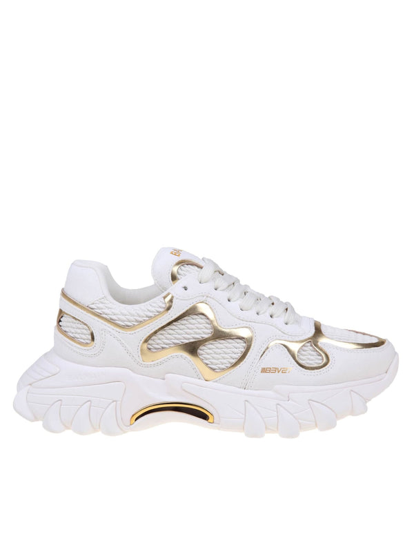 Balmain B-east Sneakers In White And Gold Suede And Leather - Women