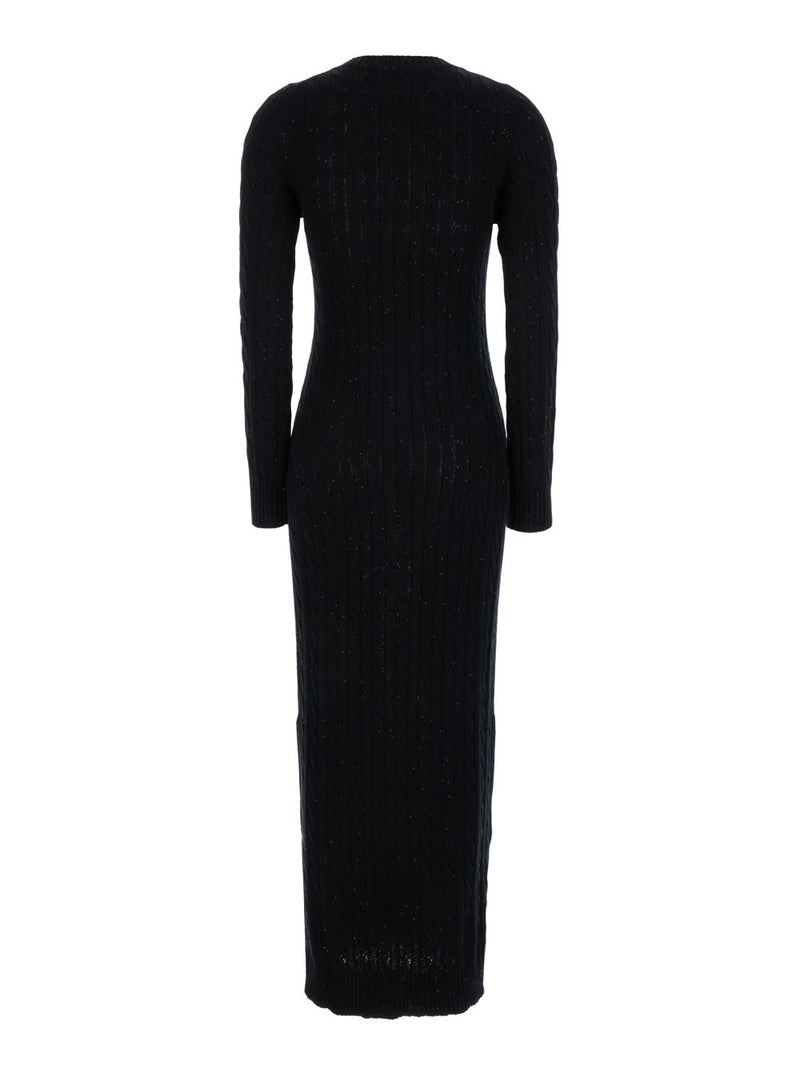 Brunello Cucinelli Black Sequin Embellished Cable Knit Dress In Cotton Blend Woman - Women